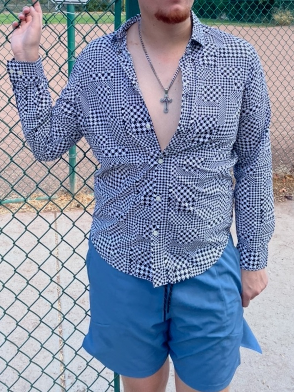 Armani Exchange Geometric Button-Down Shirt MEN HOUNDSTOOTH PATCHWORK CHECK STUD